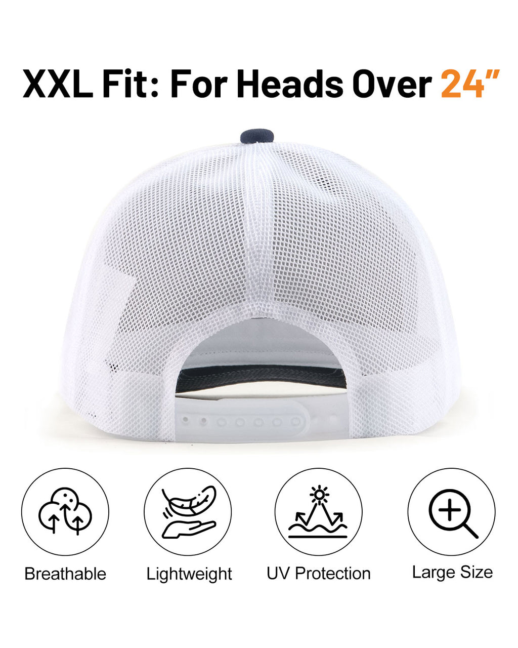 Navy blue mid profile snapback mesh trucker hat for big heads - back view with snapback detail