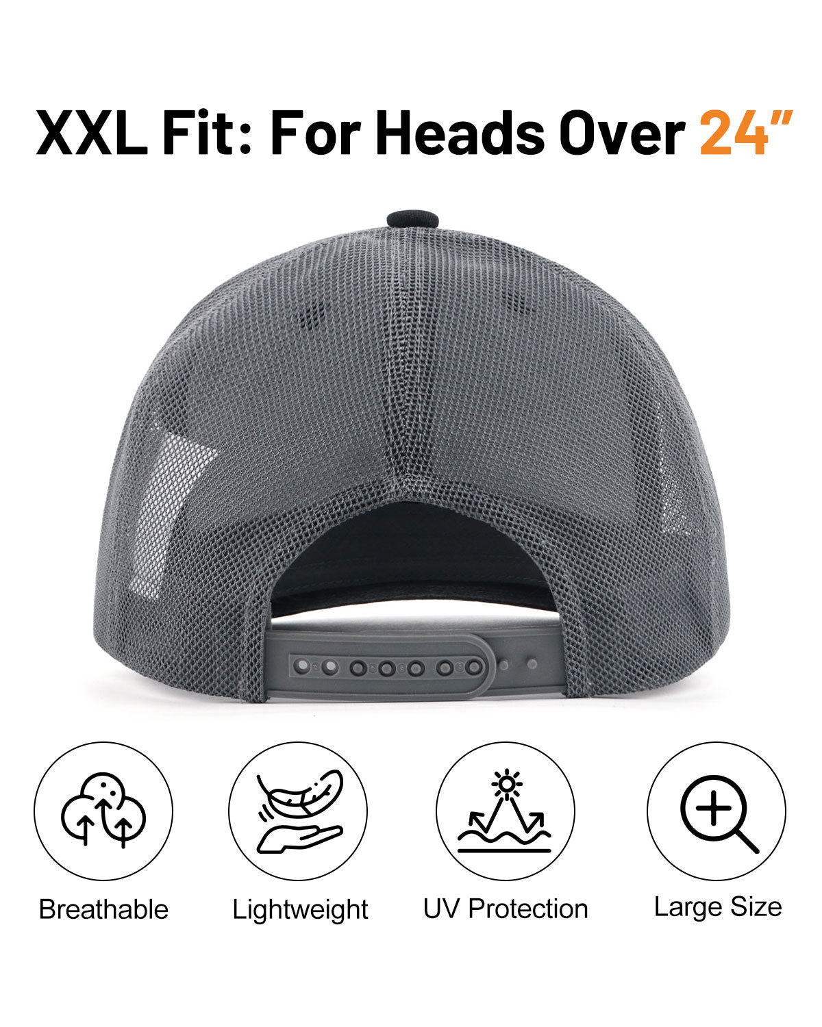 Black mid profile snapback mesh trucker hat for big heads - back view with snapback detail