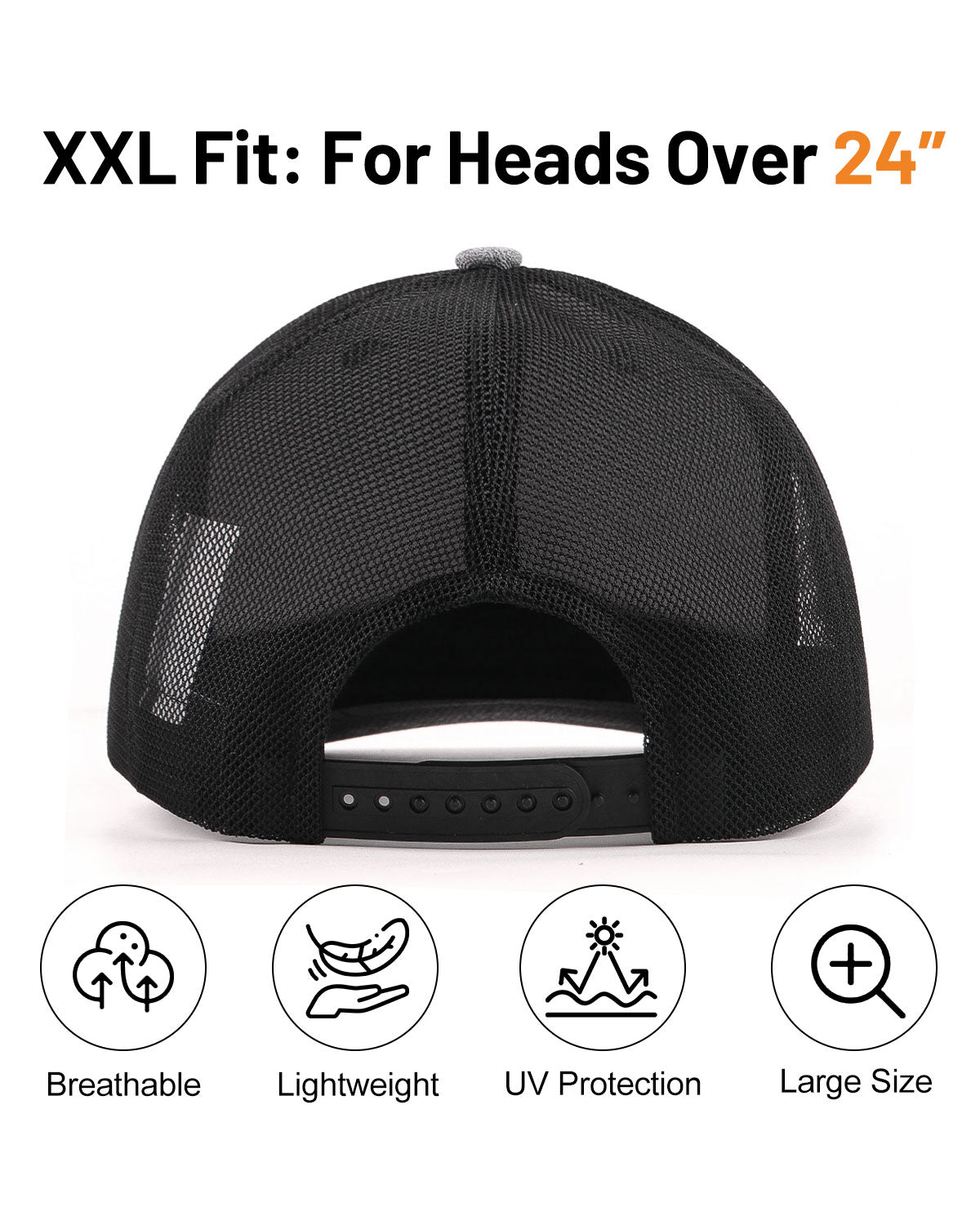 Gray mid profile snapback mesh trucker hat for big heads - back view with snapback detail