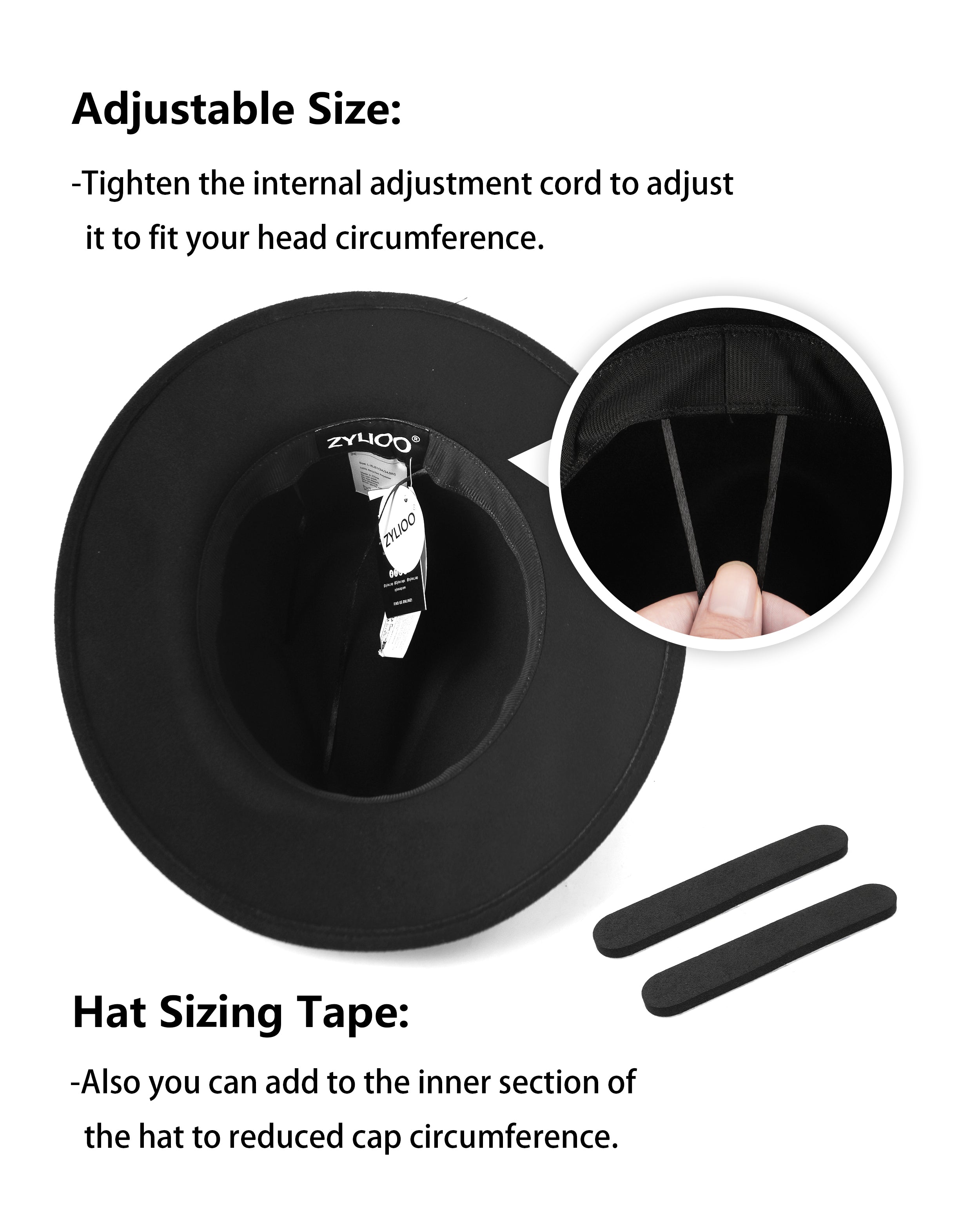 Black felt wide-brim fedora for big heads - interior sweatband detail
