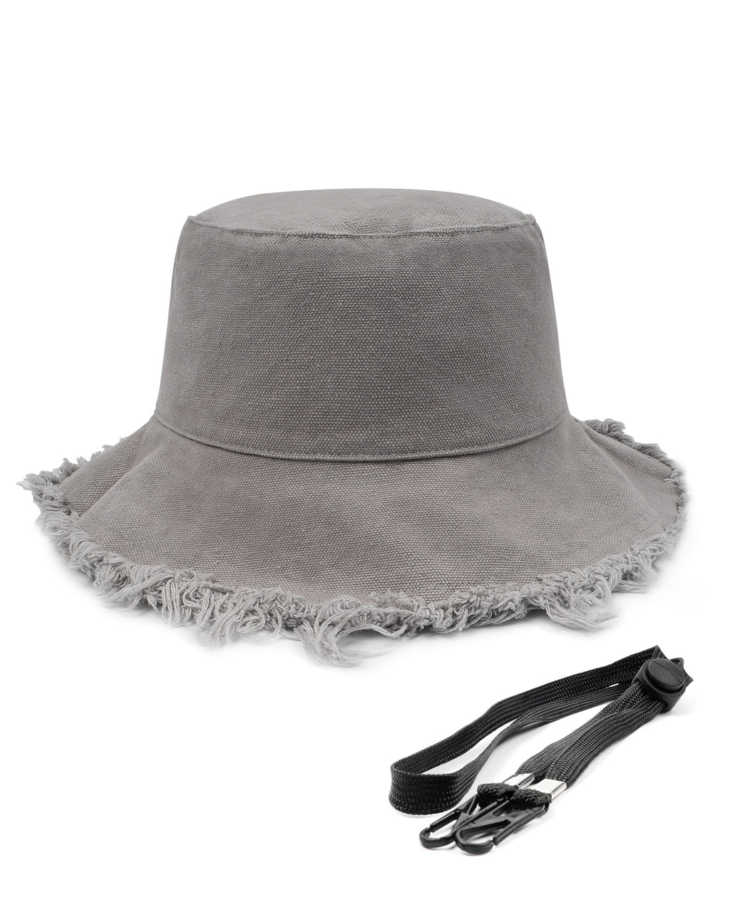 Gray fringe bucket hat side view - textured trim and wide brim for sun protection