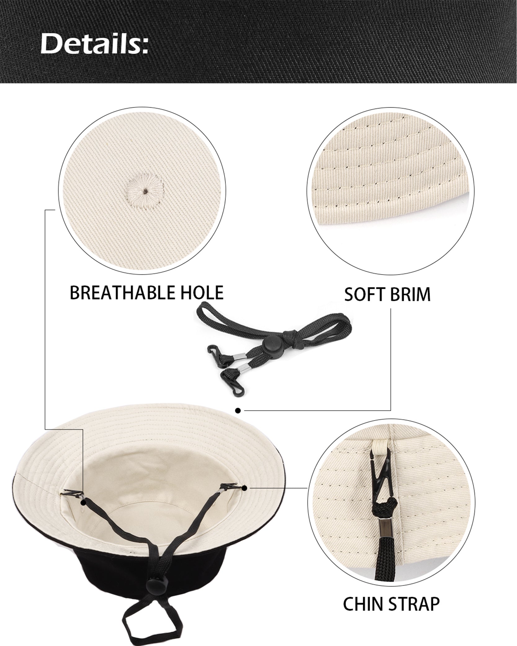 Black beige reversible cotton bucket hat for big heads - interior reversible detail