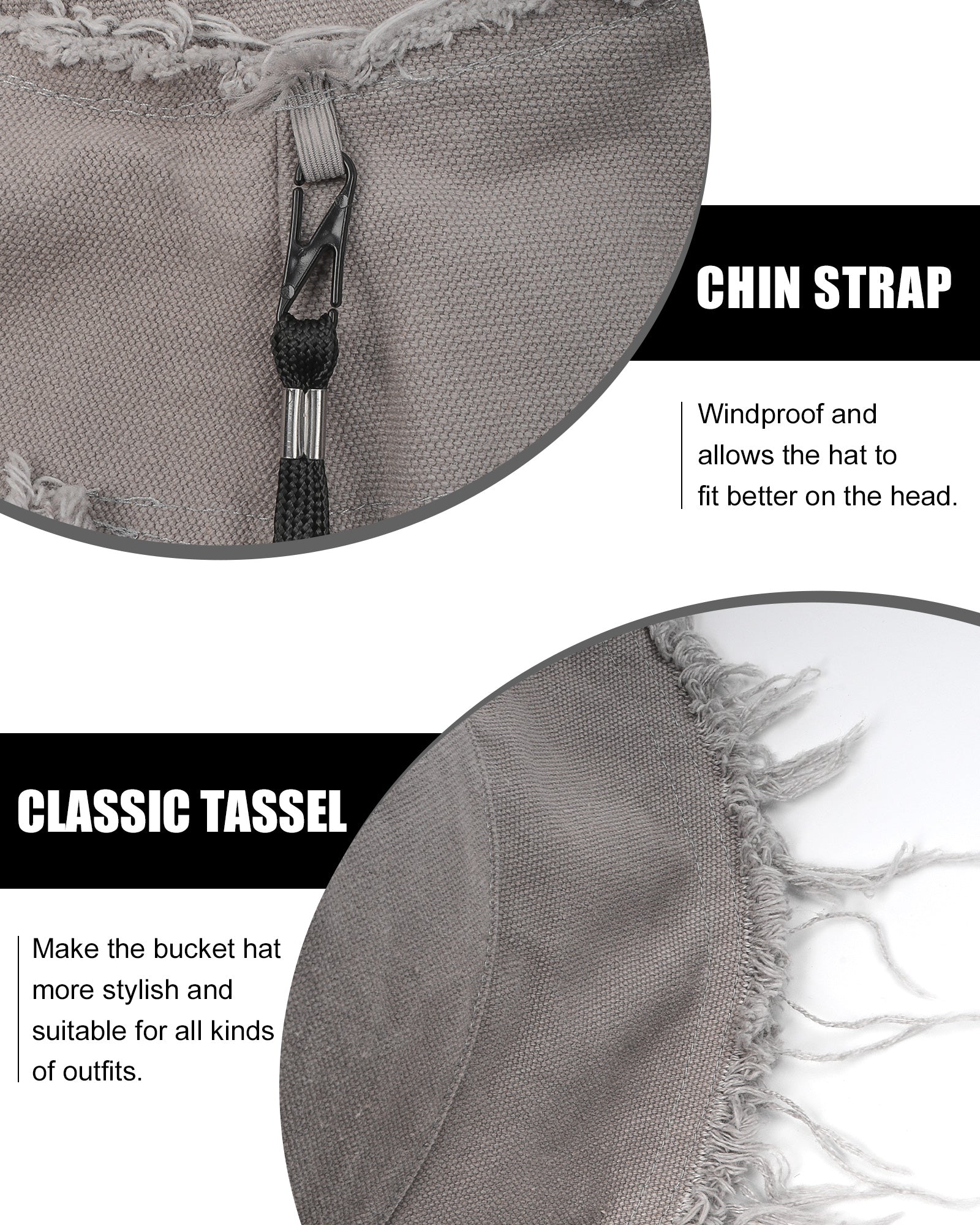 Gray fringe bucket hat side view - textured trim and wide brim for sun protection