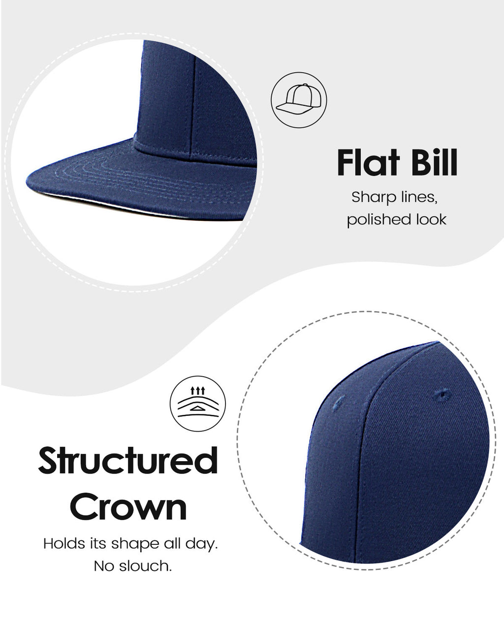 Navy flat bill snapback baseball cap for big heads - front view with flat brim and crown detail