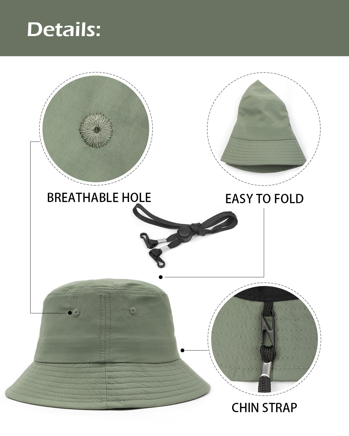 Light green quick-dry bucket hat for big heads - adjustable chin strap detail