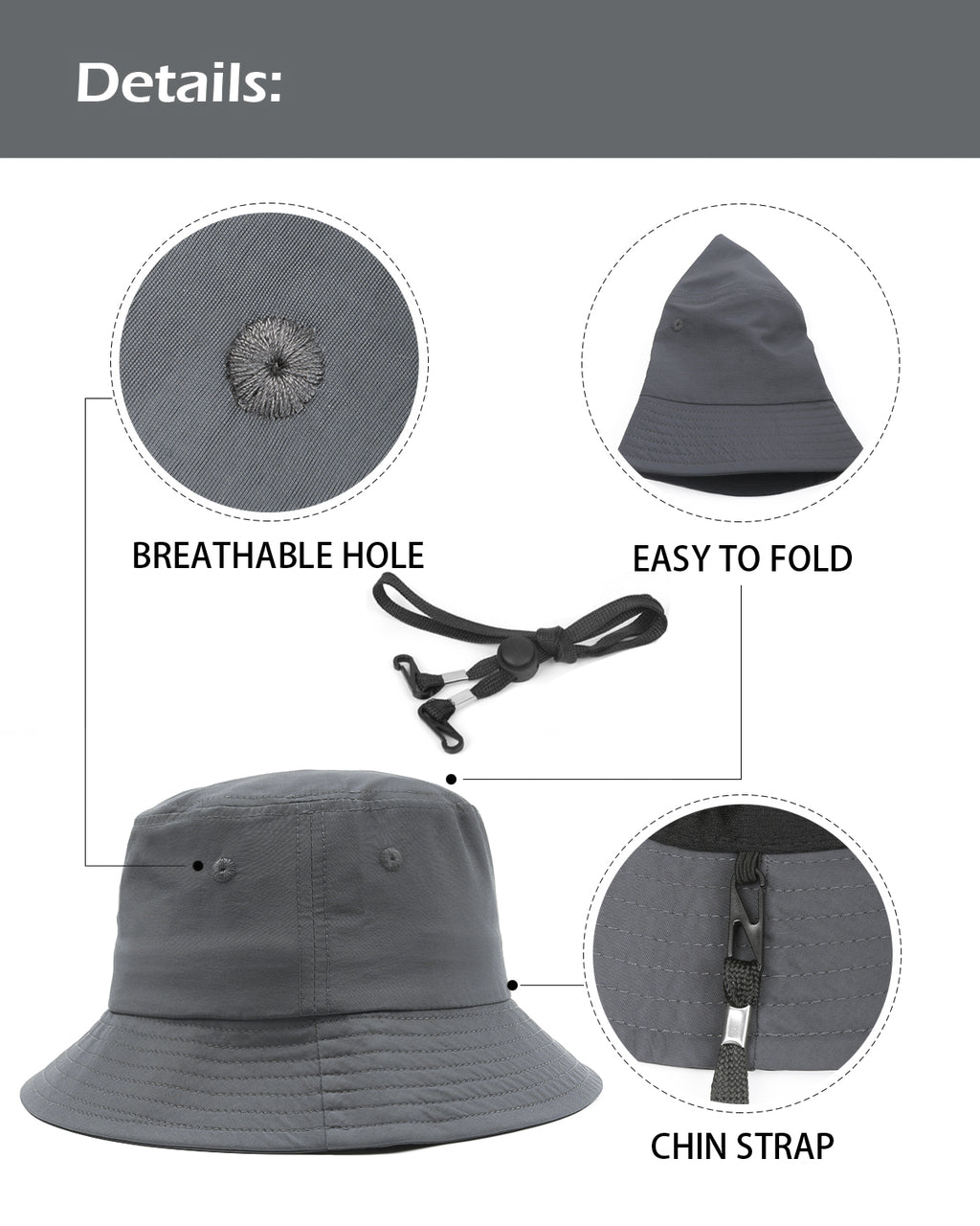 Grey quick-dry bucket hat for big heads - adjustable chin strap detail