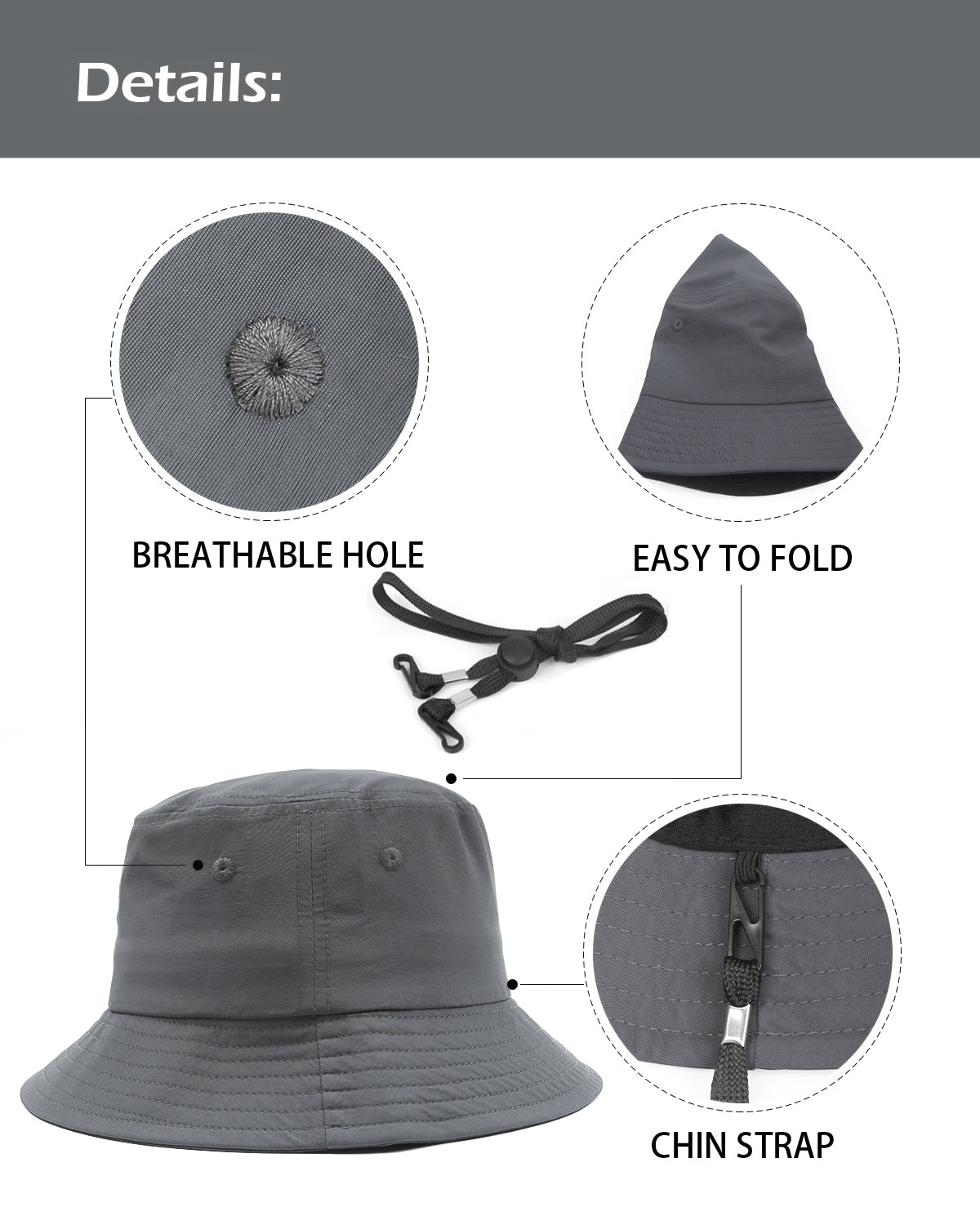 Grey quick-dry bucket hat for big heads - adjustable chin strap detail