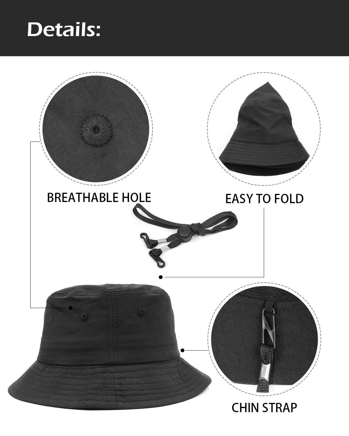 Black quick-dry bucket hat for big heads - adjustable chin strap detail