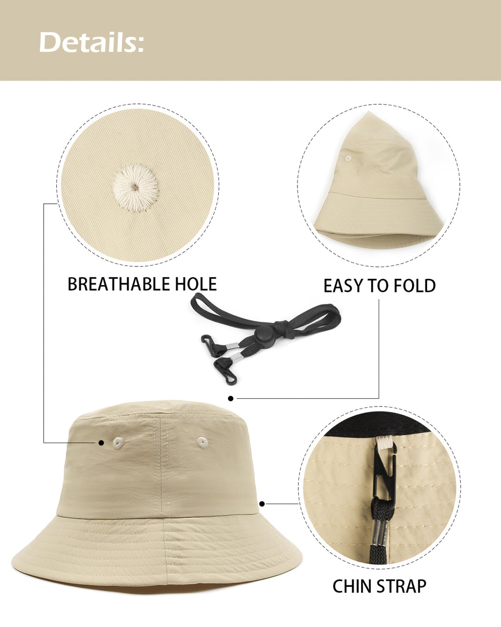 Khaki quick-dry bucket hat for big heads - adjustable chin strap detail