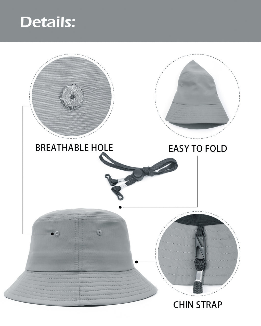 Light gray quick-dry bucket hat for big heads - adjustable chin strap detai