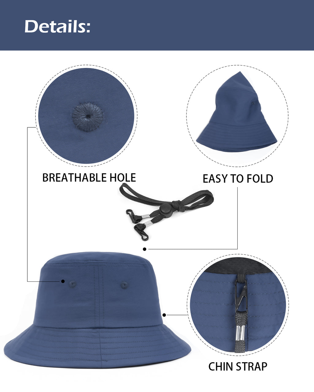 Navy blue quick-dry bucket hat for big heads - adjustable chin strap detail