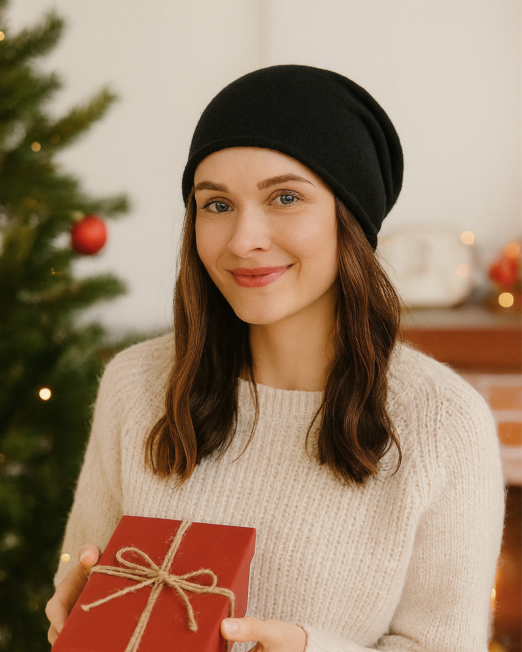 Black soft slouchy beanie for big heads - on model lifestyle photo