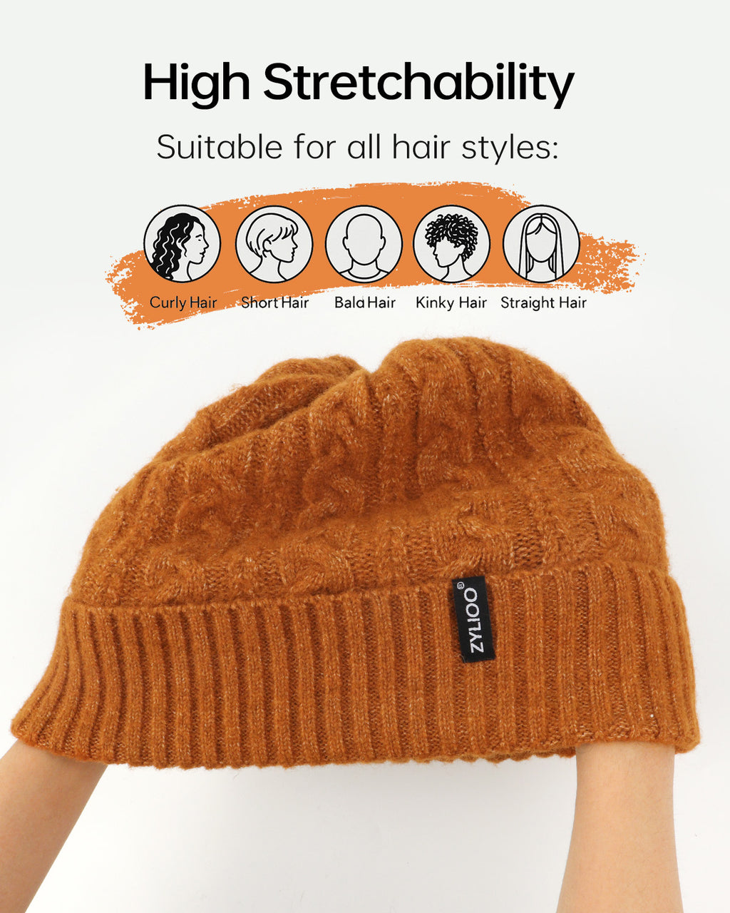 Brown fleece-lined cable beanie for big heads - stretchy cable knit fabric detail