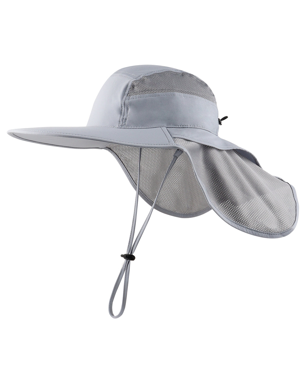 Light gray wide brim sun hat with neck flap for big heads front view