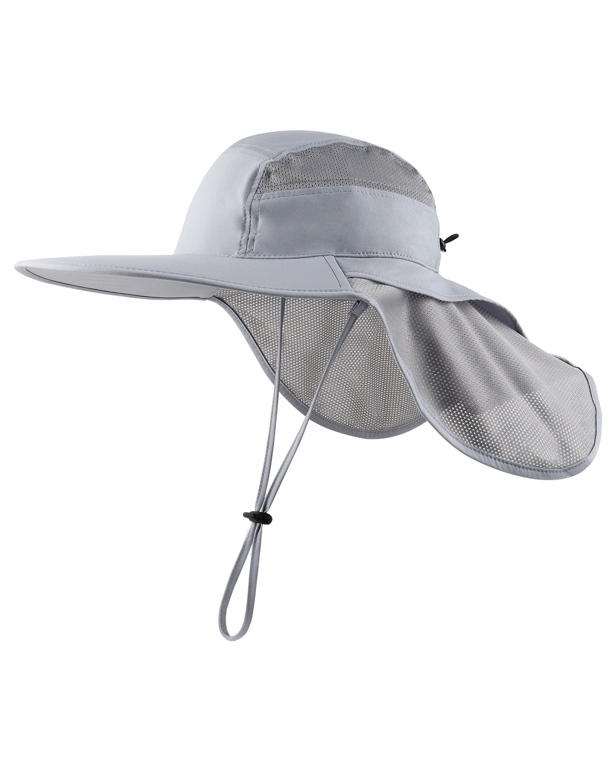 Light gray wide brim sun hat with neck flap for big heads front view