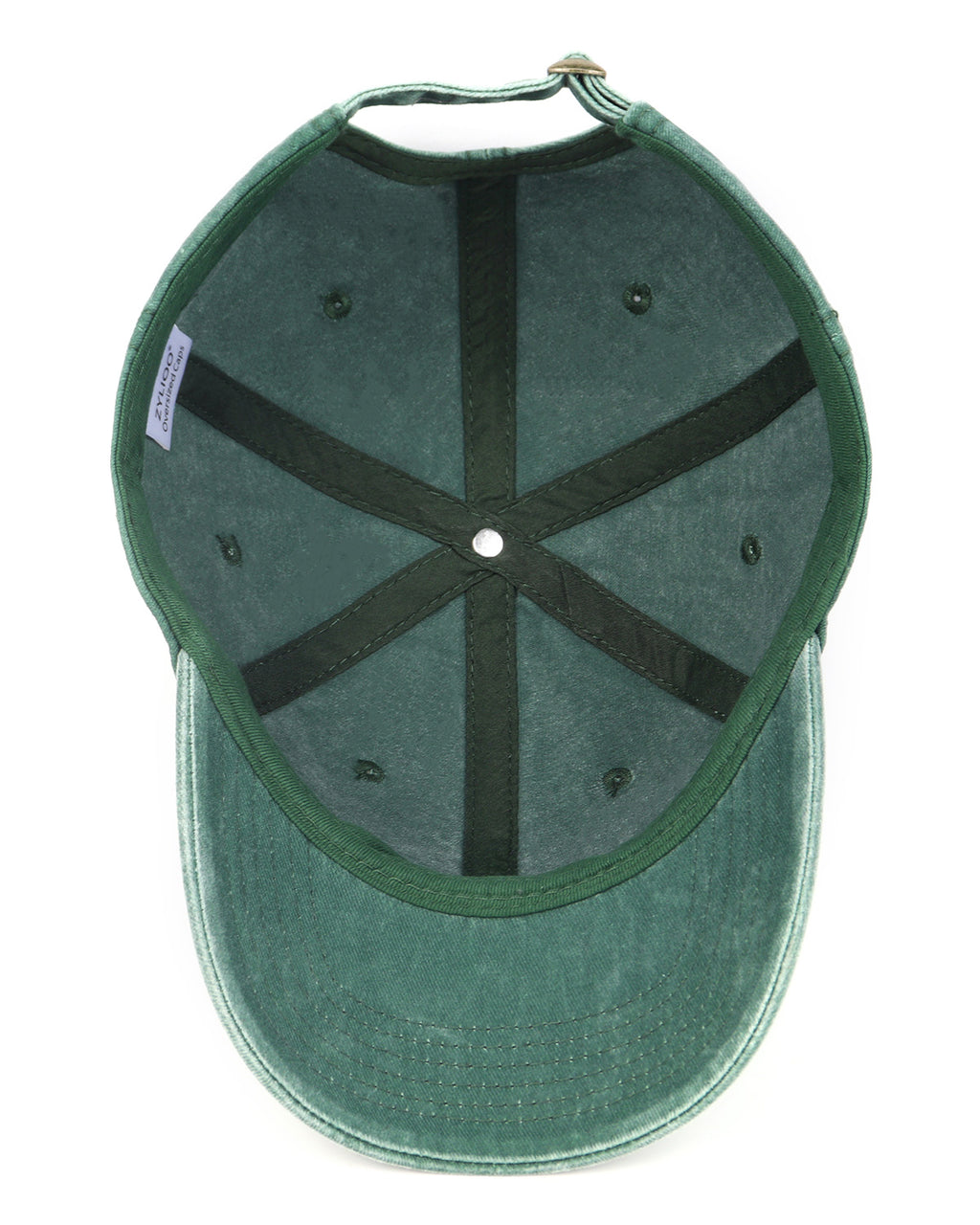 Dark green washed denim baseball cap for big heads - interior sweatband detail