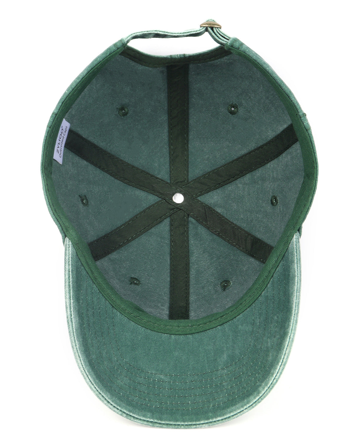Dark green washed denim baseball cap for big heads - interior sweatband detail