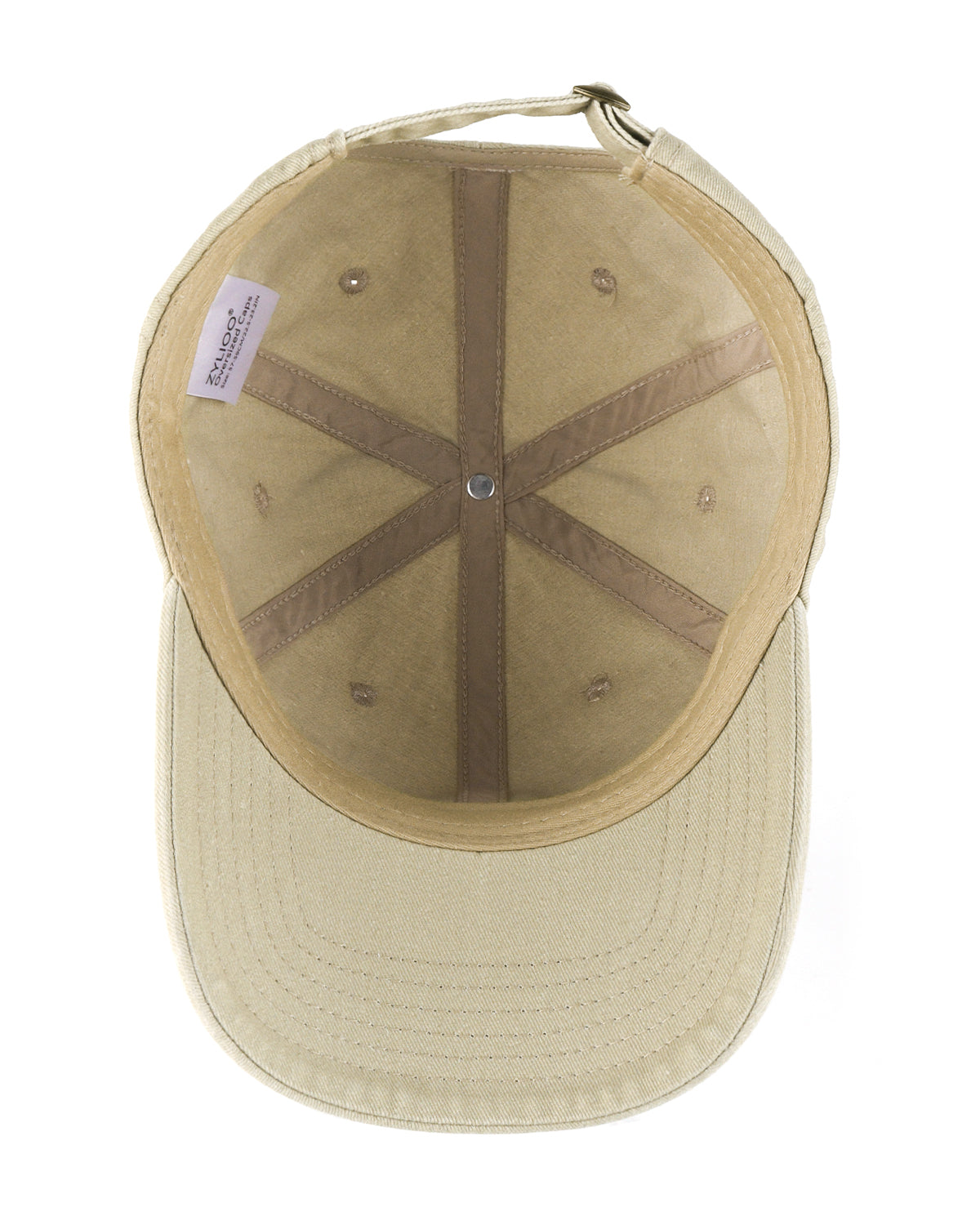 Beige washed denim baseball cap for big heads - interior sweatband detail