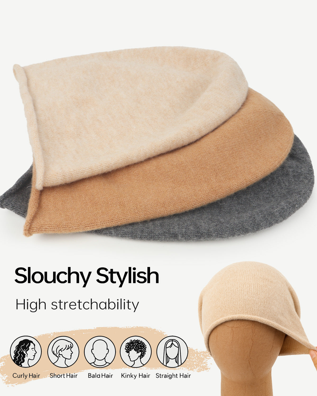 Soft slouchy beanie for big heads - all colors flat lay display detail