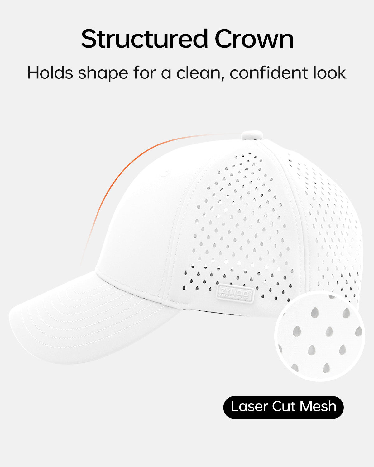 White quick-dry laser-cut mesh baseball cap for big heads - side view with mesh detail