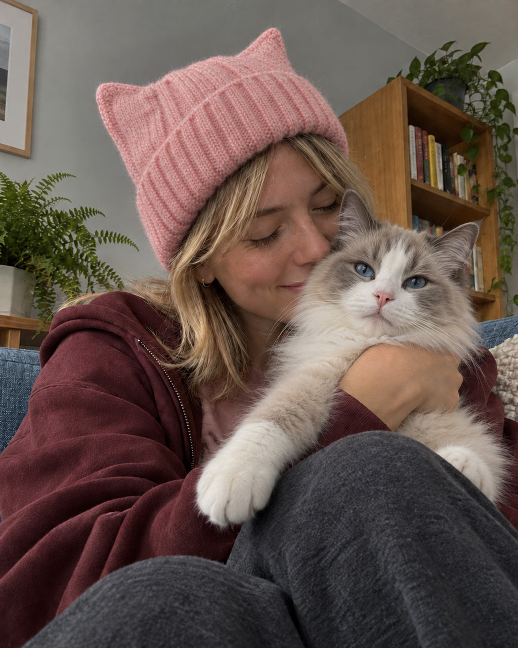 Fuzzy Cat Ear Beanie for Big Heads