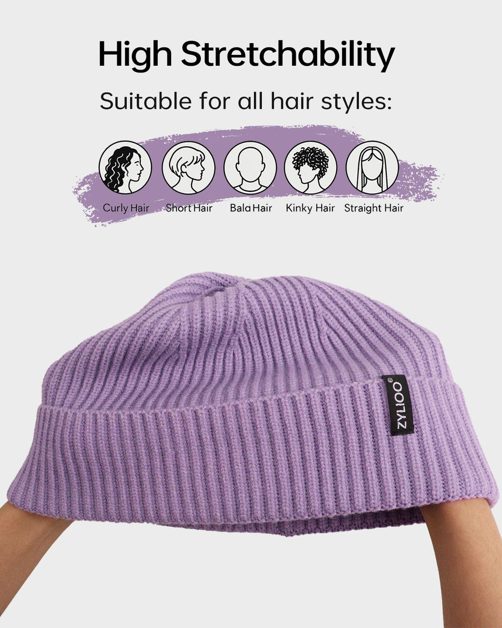 Purple ribbed knit beanie for big heads - stretchy ribbed fabric detail