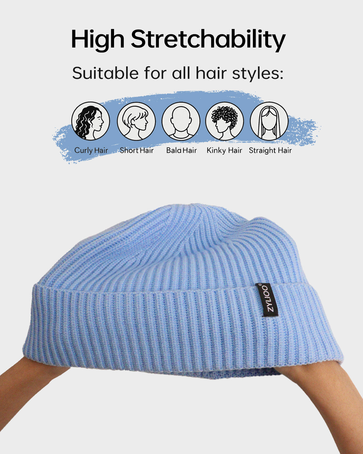 Light blue ribbed knit beanie for big heads - stretchy ribbed fabric detail