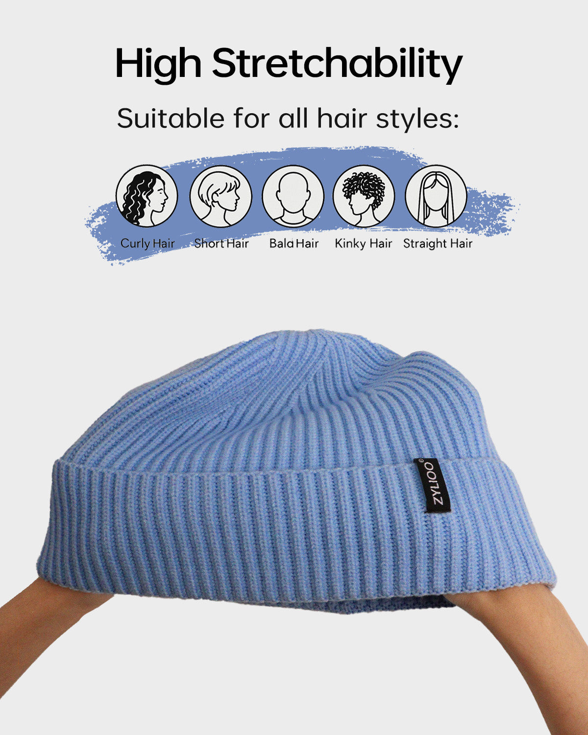 Light blue ribbed knit beanie for big heads - stretchy ribbed fabric detail