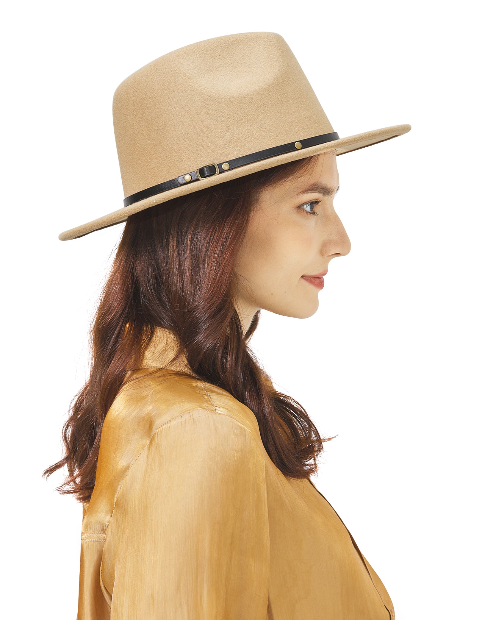 Khaki felt fedora panama for big heads - on model side view lifestyle photo