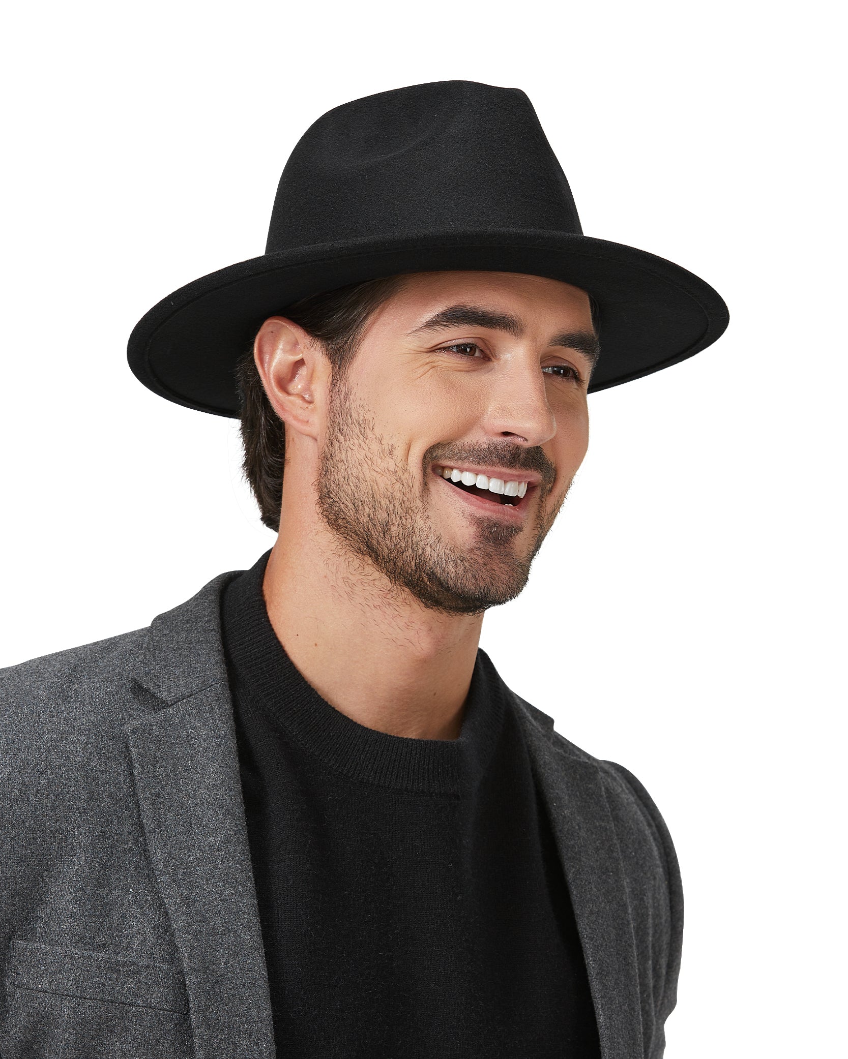 Black felt fedora panama for big heads - on model front view lifestyle photo