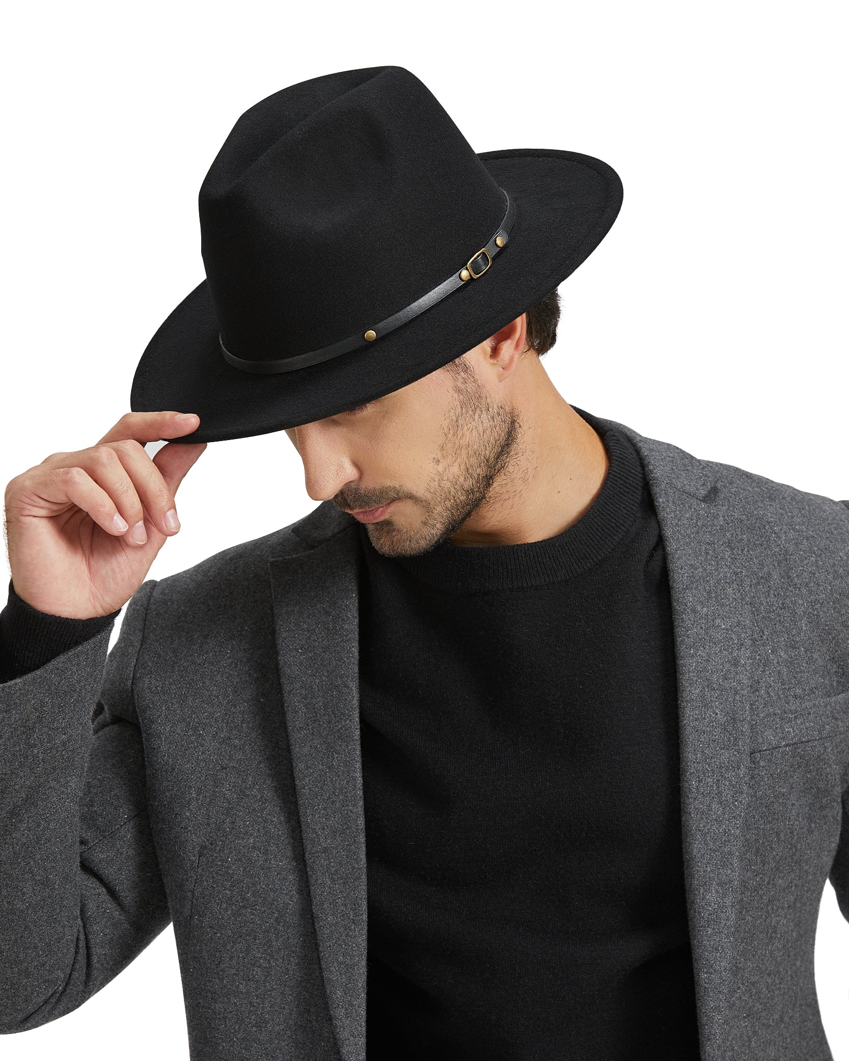  Black felt fedora panama for big heads - on model side view lifestyle photo