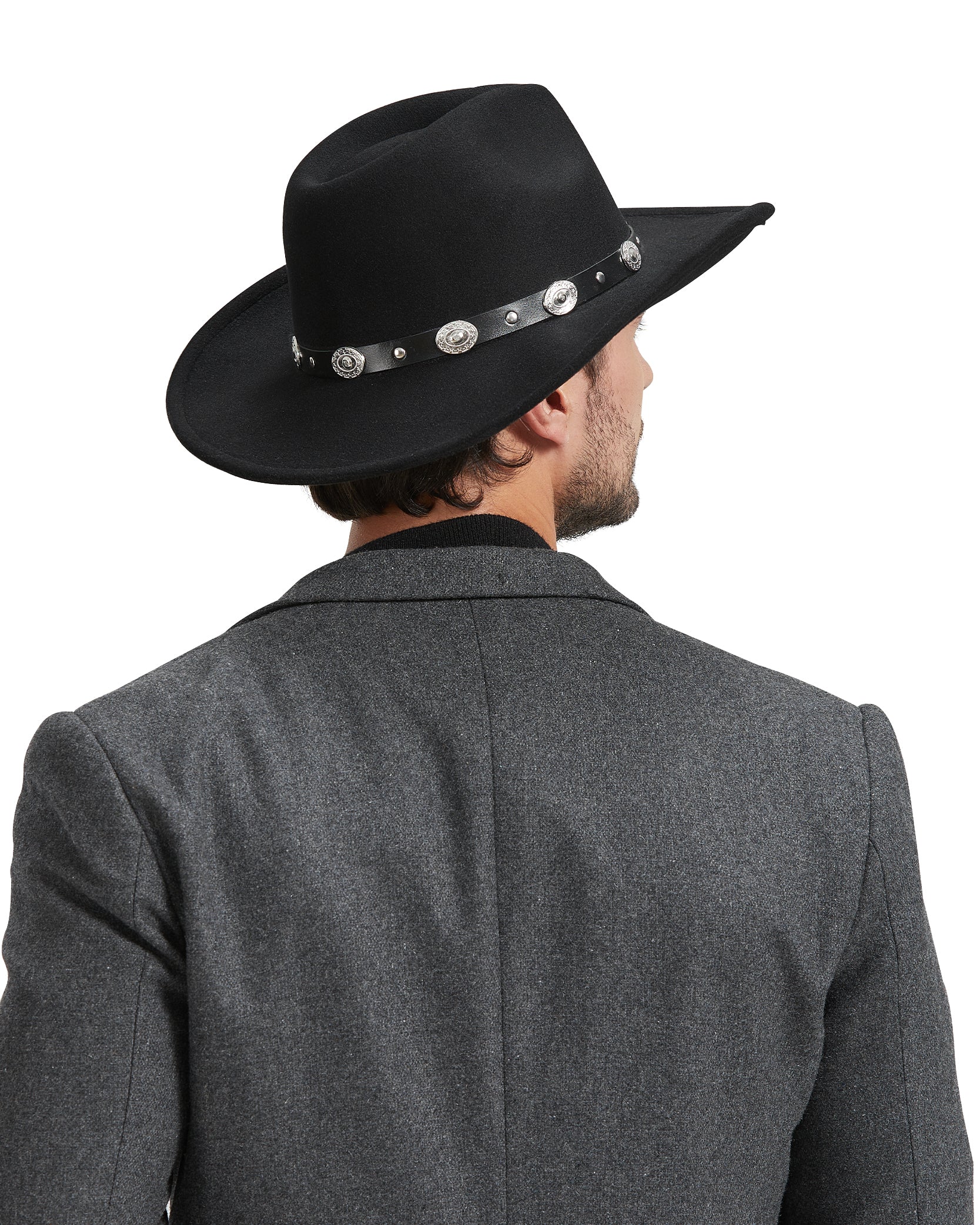 Black shapeable felt cowboy hat for big heads - on model lifestyle photo