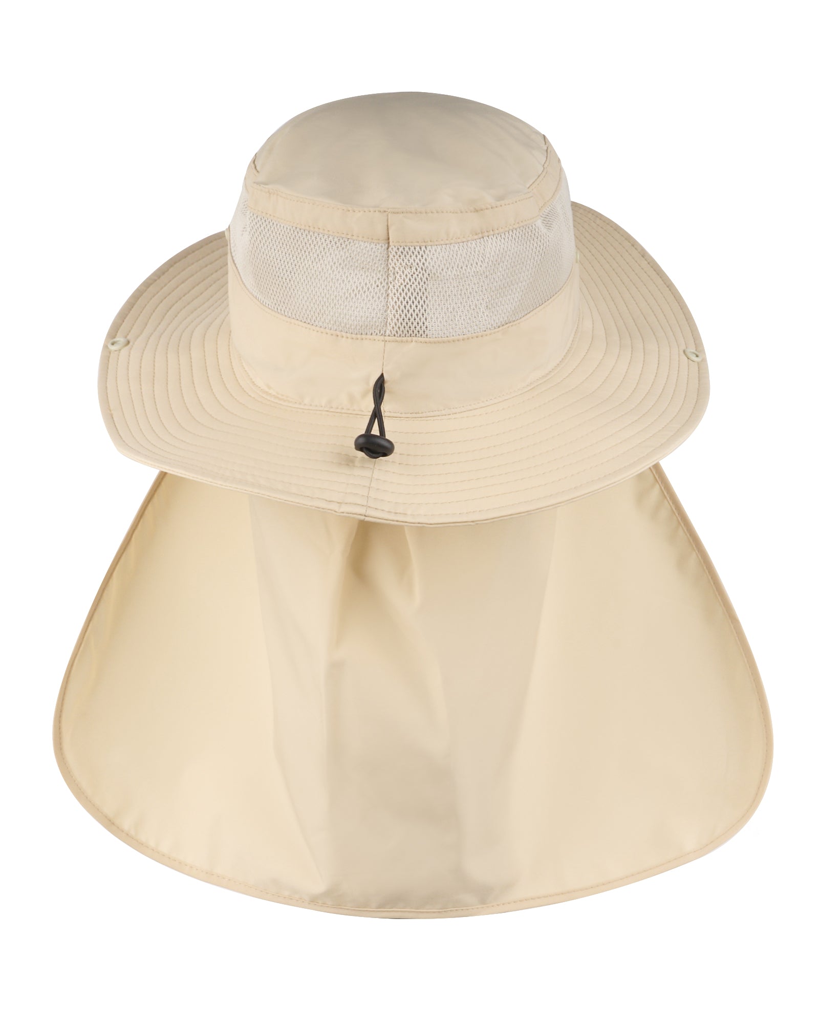 Khaki neck flap sun hat for big heads - back view with neck flap