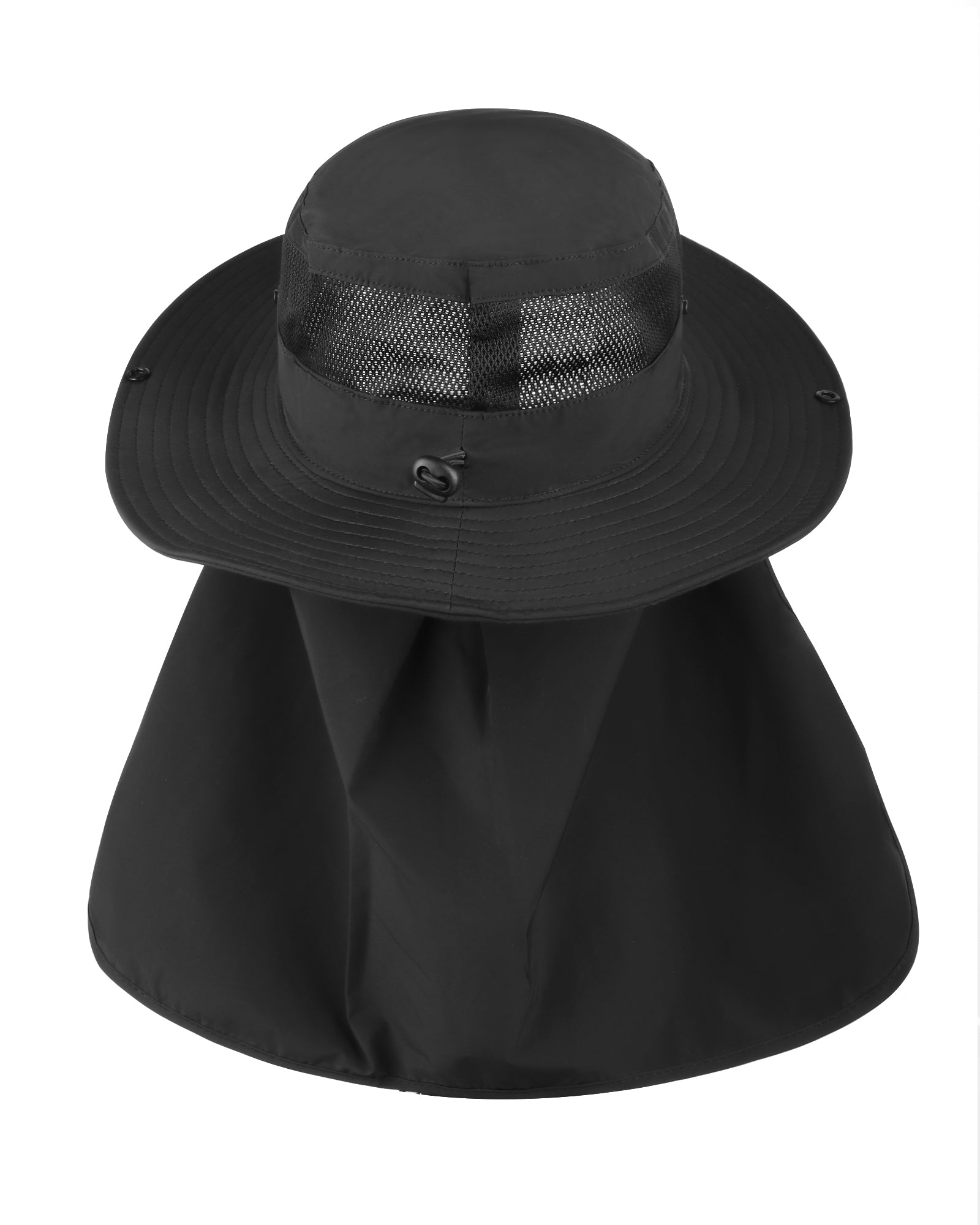 Black neck flap sun hat for big heads - back view with neck flap