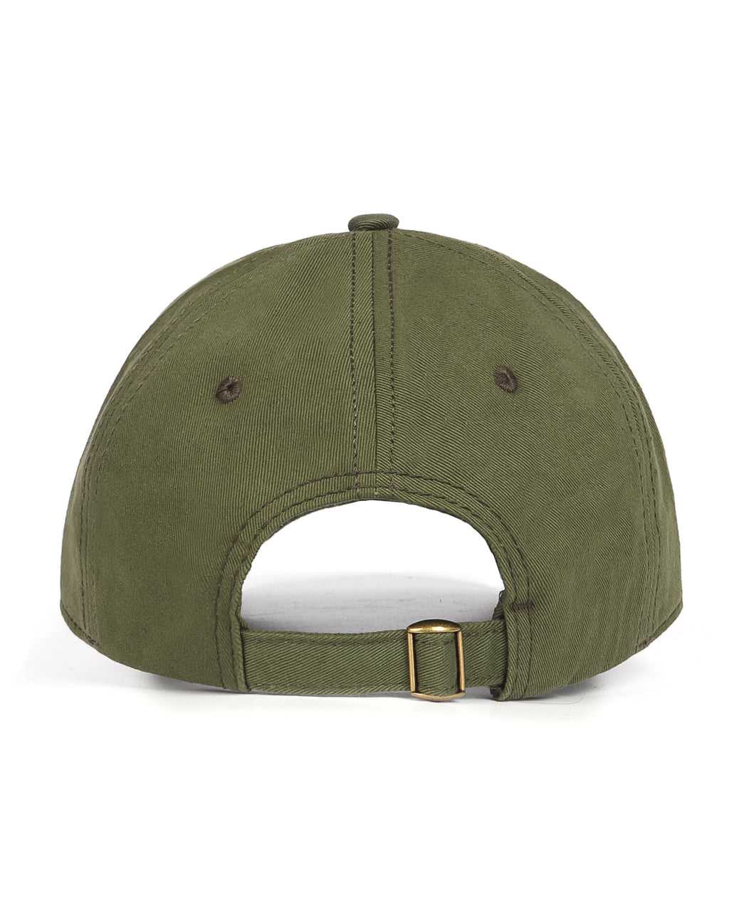Army green distressed baseball cap back view showing adjustable strap