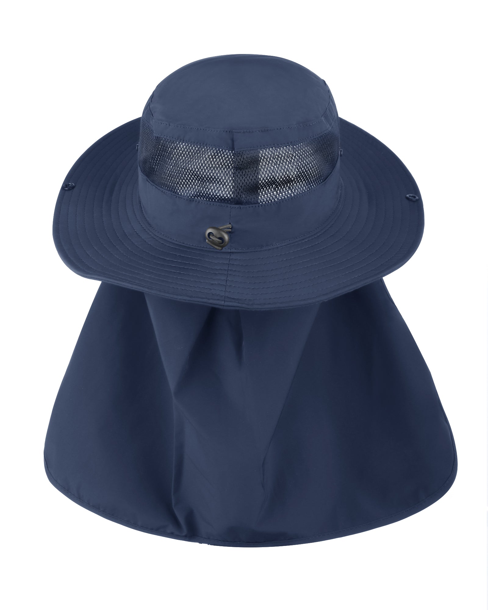 Navy blue neck flap sun hat for big heads - back view with neck flap