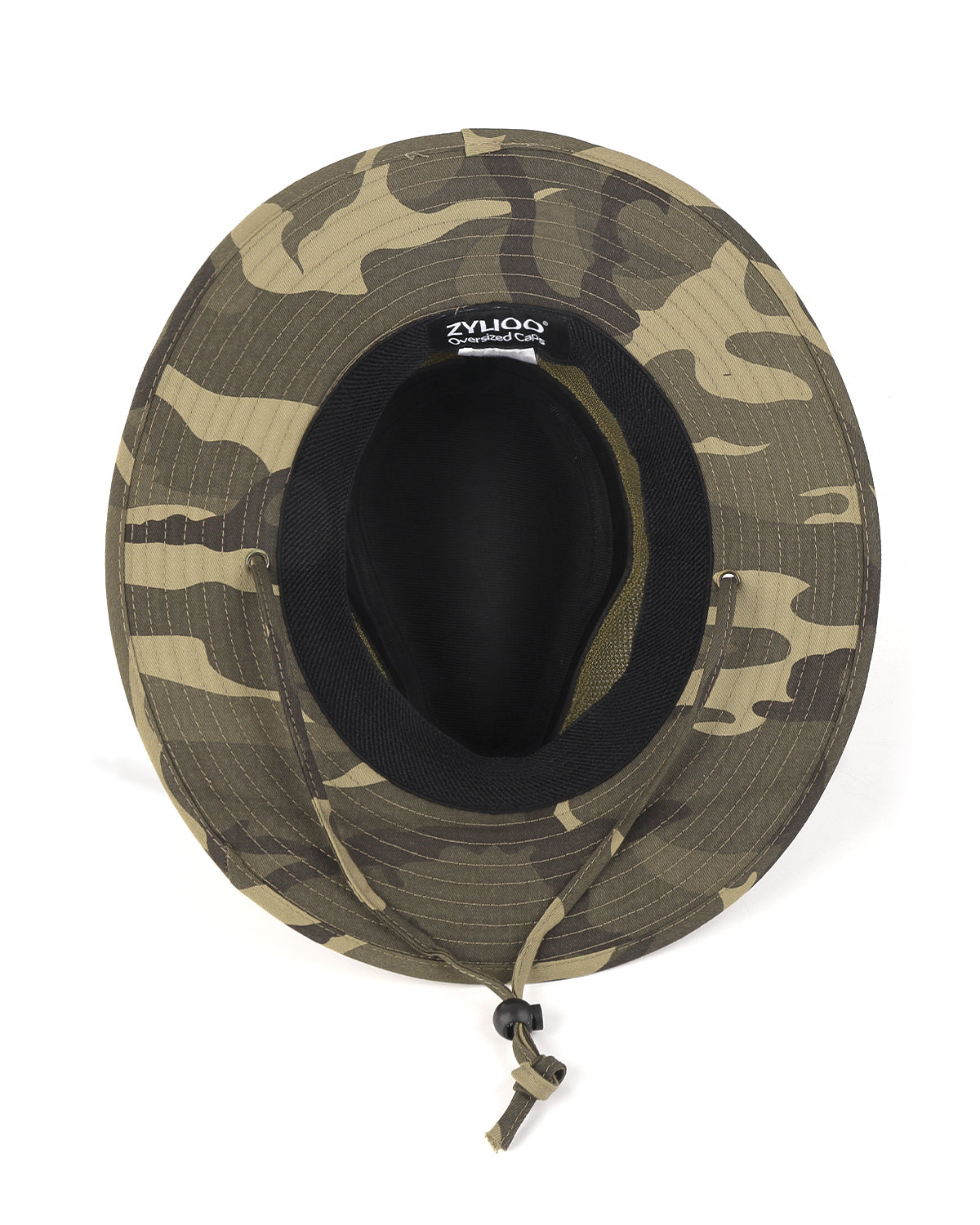 Breathable safari hat interior lining and ventilation detail in army green