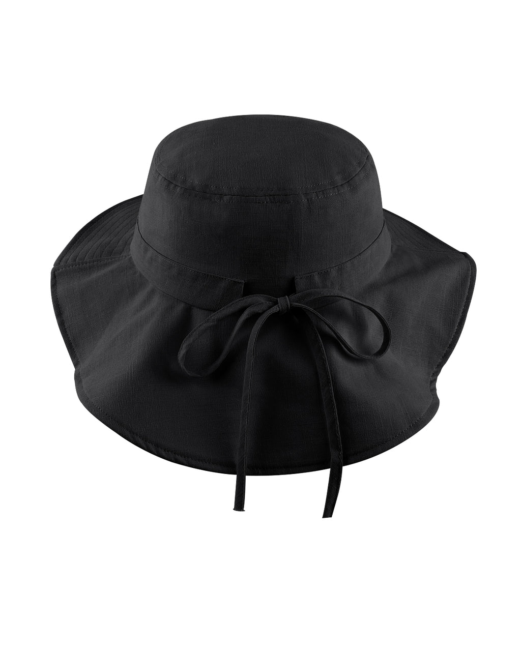 Black sun hat with neck drape back view showing coverage