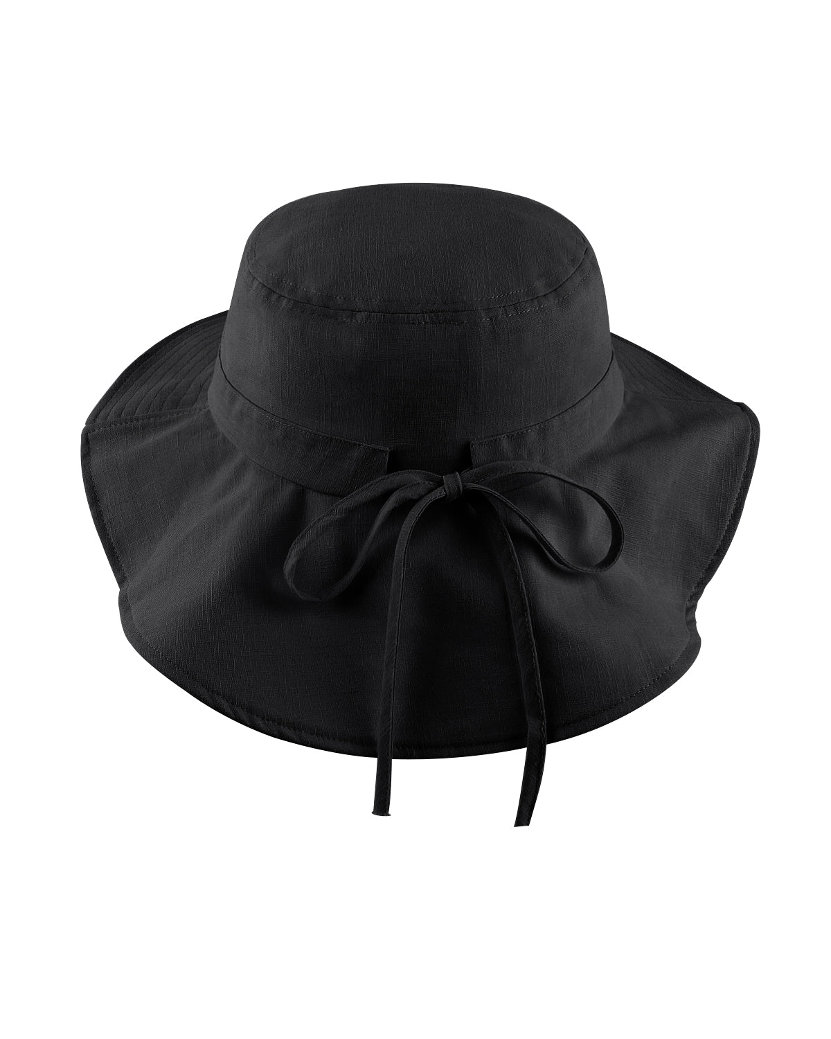 Black sun hat with neck drape back view showing coverage