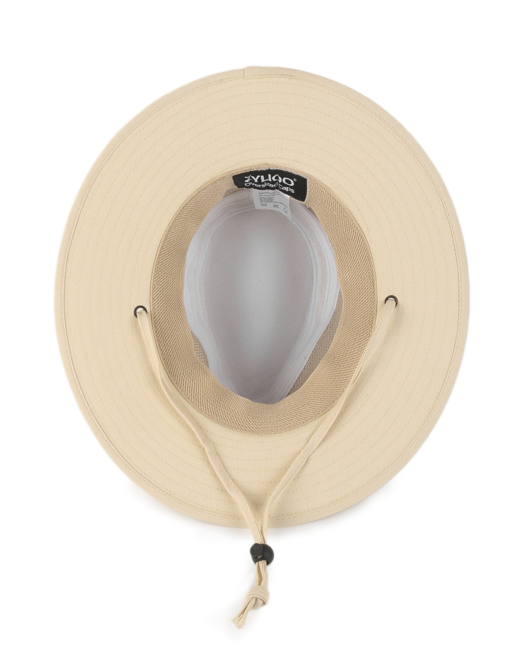 Breathable safari hat interior lining and ventilation detail in beige