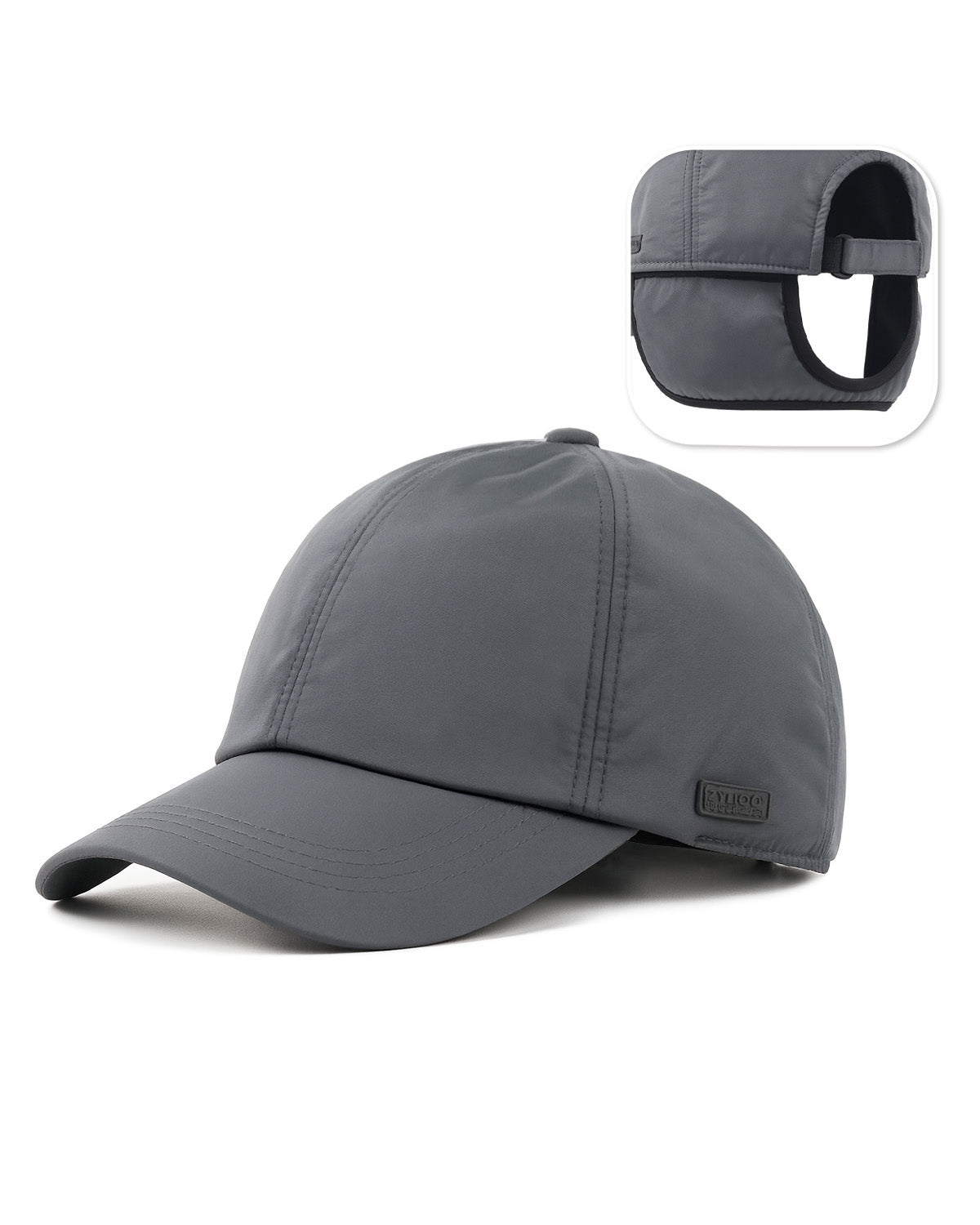 Gray thermal baseball cap with ear flaps for big heads front view