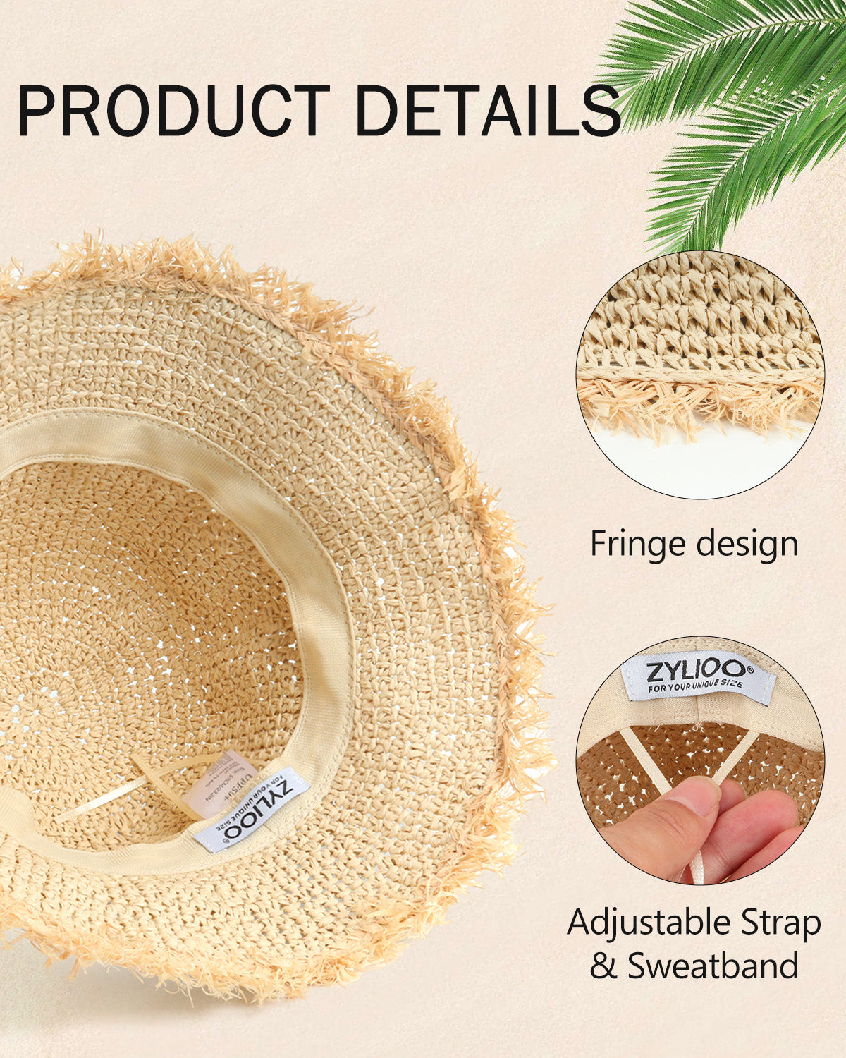 Beige straw bucket hat for big heads - interior sweatband detail