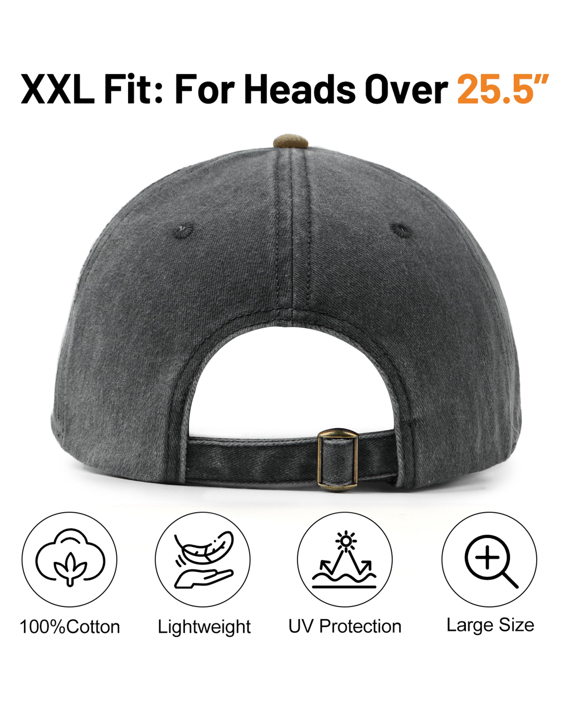 Gray black two-tone washed low profile baseball cap for big heads - back view