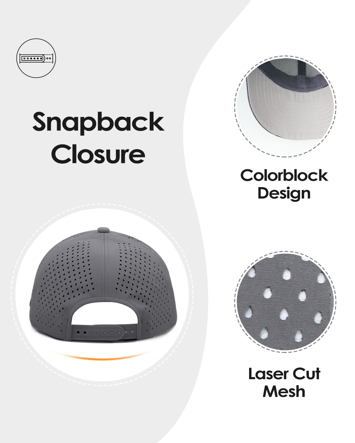 Gray quick-dry laser-cut mesh baseball cap for big heads - back view detail