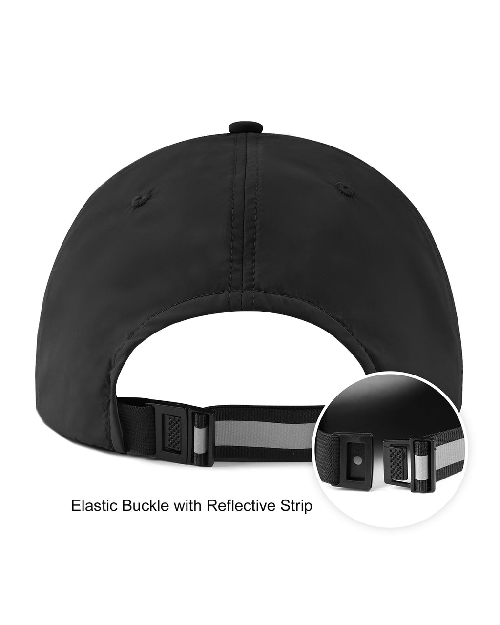 Black quick-dry baseball cap back view showing adjustable strap