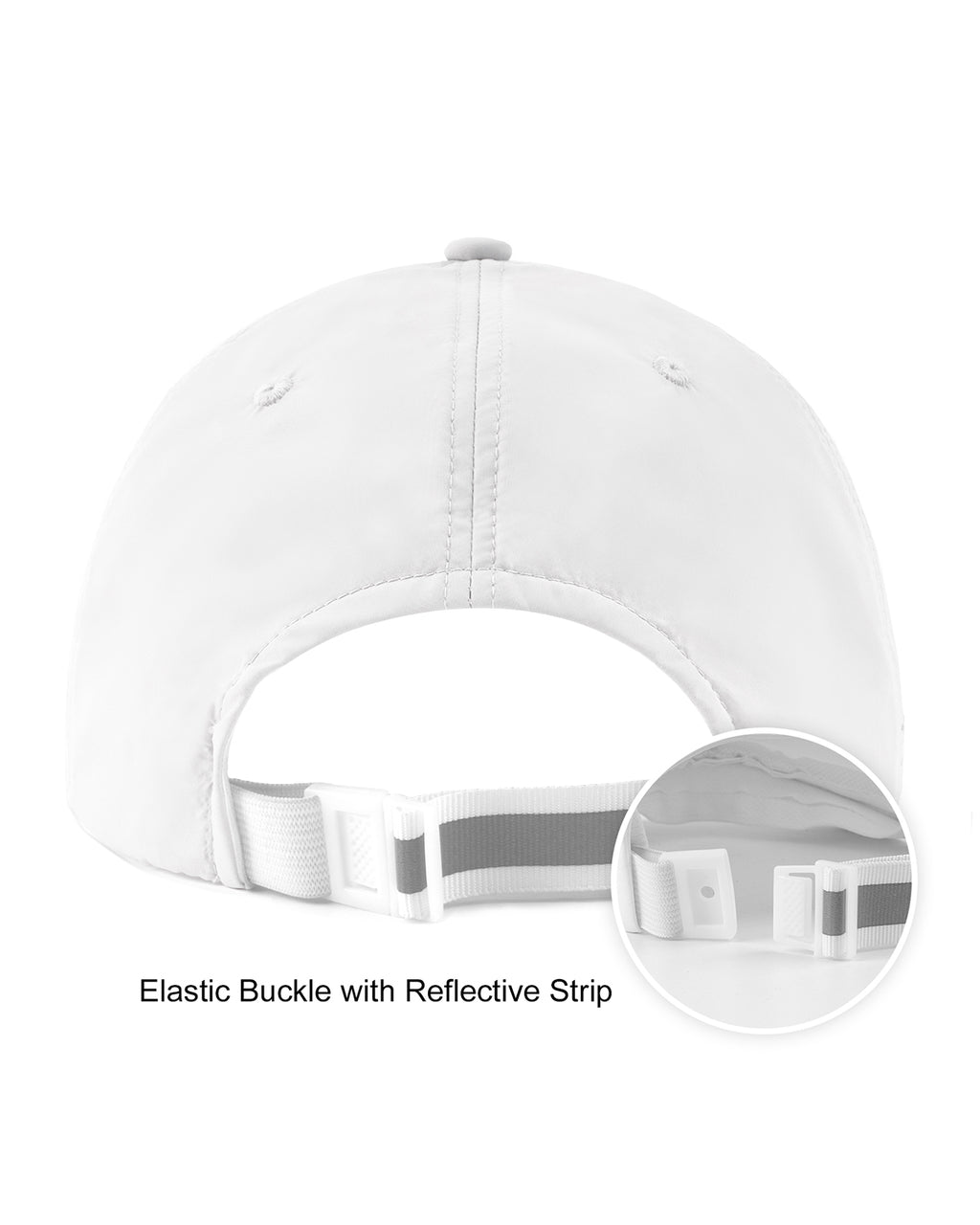 White quick-dry baseball cap back view showing adjustable strap