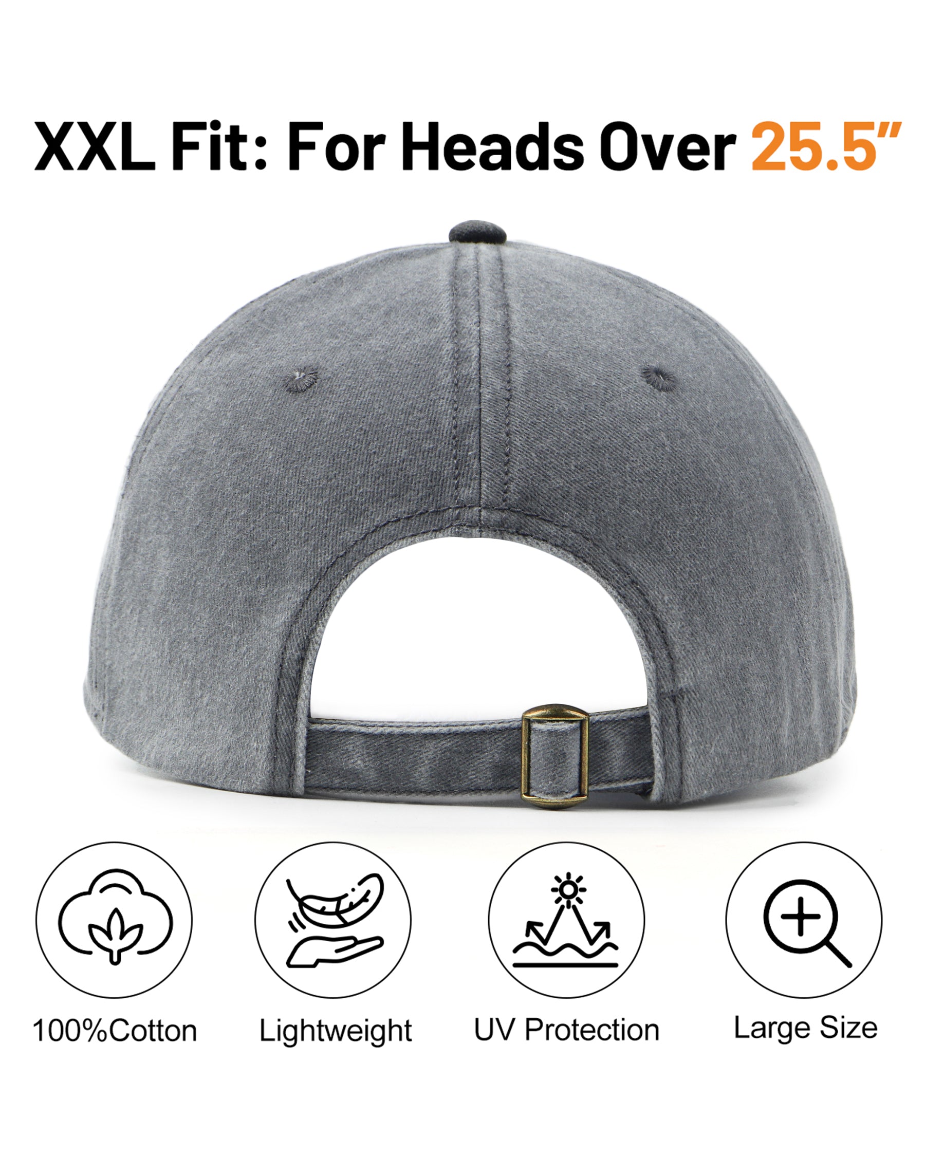 Gray black two-tone washed low profile baseball cap for big heads - back view