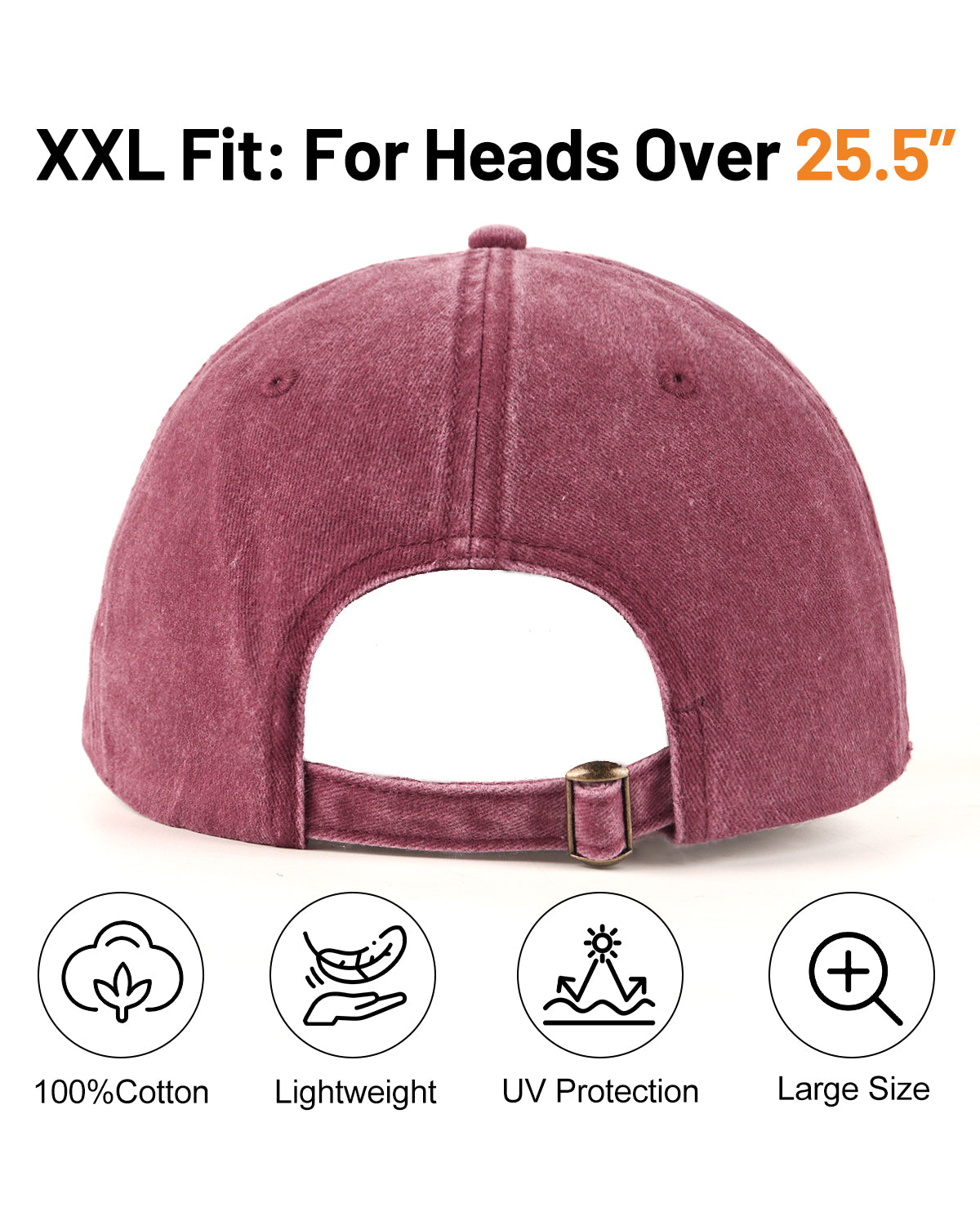 Wine red washed denim baseball cap for big heads - back view