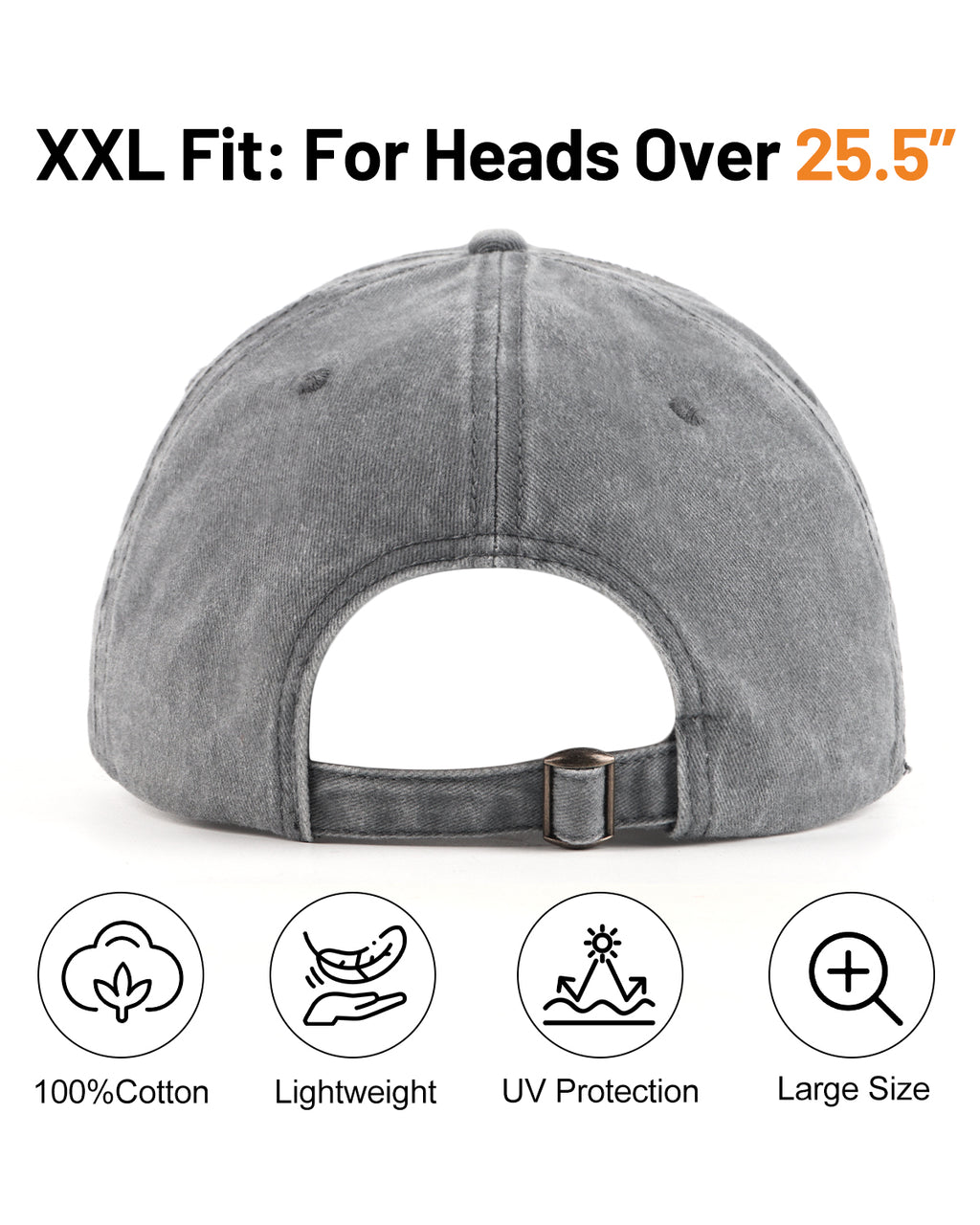 Gray washed denim baseball cap for big heads -  back view