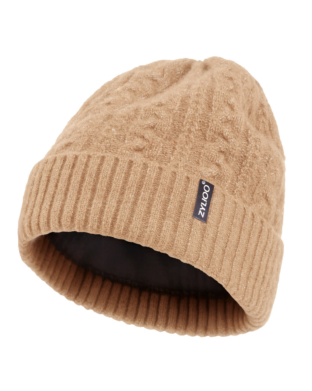 Gray fleece-lined cable beanie for big heads - stretchy cable knit fabric detail